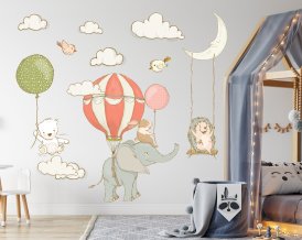 Nursery wall decal with cut flying elephant, hedge, air balloons and flying bear