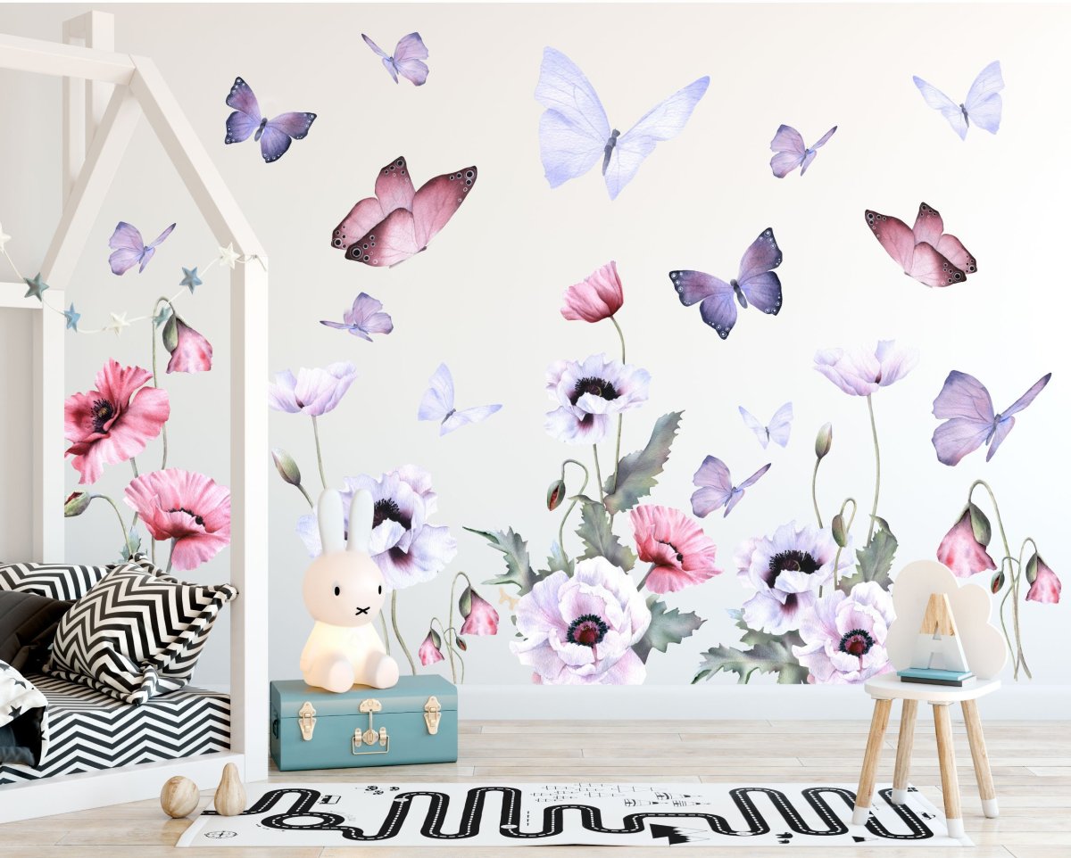 Nálepka na zeď do dětského pokoje Kouzelné máky, motýly, květiny z odnímatelných ECO STICK