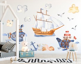 Nálepka na zeď do dětského pokoje, lodě mořského světa, ponorka, plachetnice