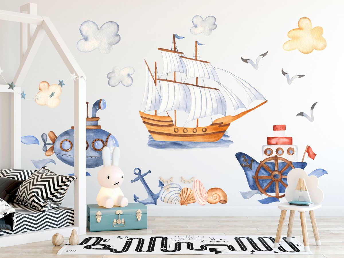 Nálepka na stenu do detskej izby, lode morského sveta, ponorka, plachetnica