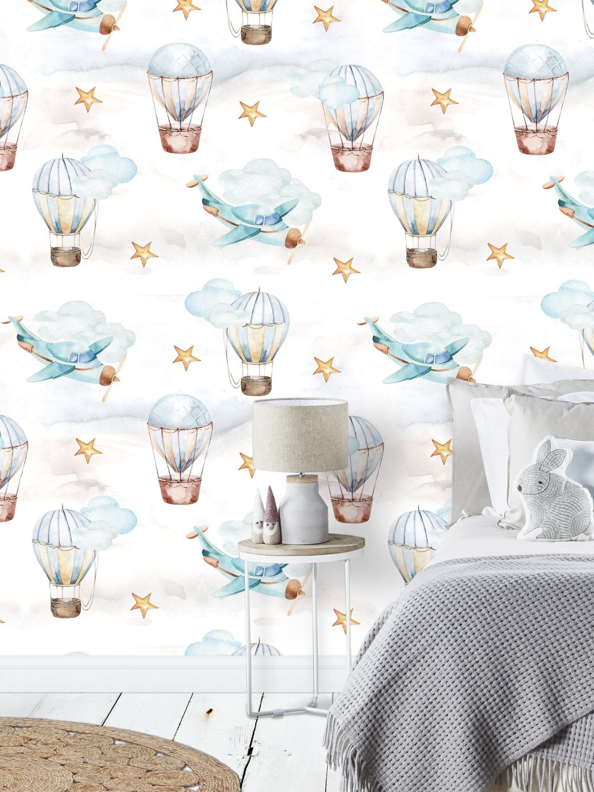 Wallpaper with Balloons, Airplane Wallpaper ECO Textile peel&stick re-useable Wallpaper