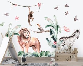 Safari nálepka na zeď do dětského pokoje, Lev, Zebra a Opice