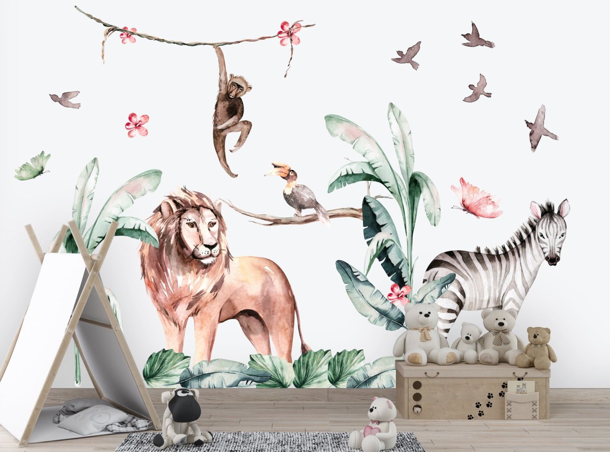 African Safari Animals Wall Decal for Kids Room, Lion, Zebra and Monkey Wall Decal