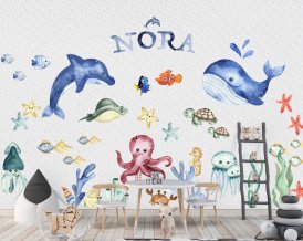 Morský svet Nálepka na stenu s delfínom, veľrybou, nemo, rybami, medúzami, rajou