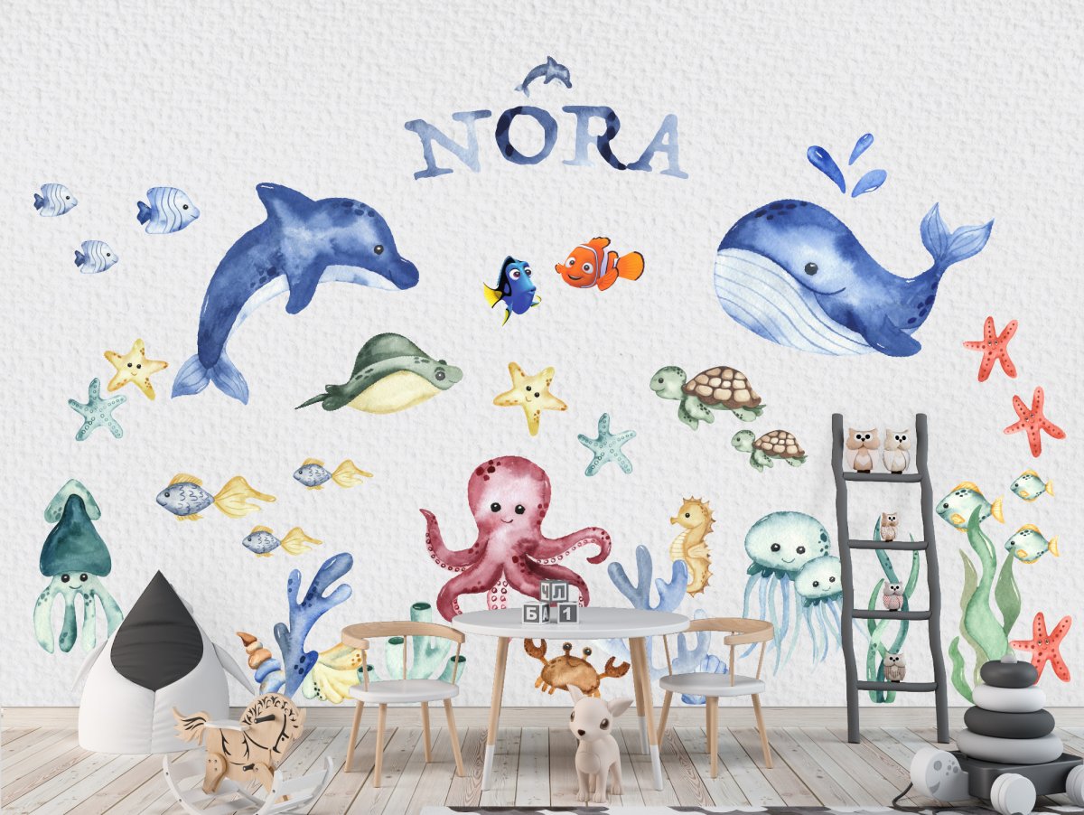 Mořský svět Nálepka na zeď s delfínem, velrybou, nemo, rybami, medúzami, rájí