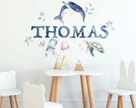 Wall Decal Ocean Life with PERSONALISED NAME with dolphin, jellyfishes, turtle