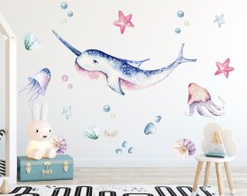 Nálepka na stenu do detskej izby - narval, ryby, medúzy