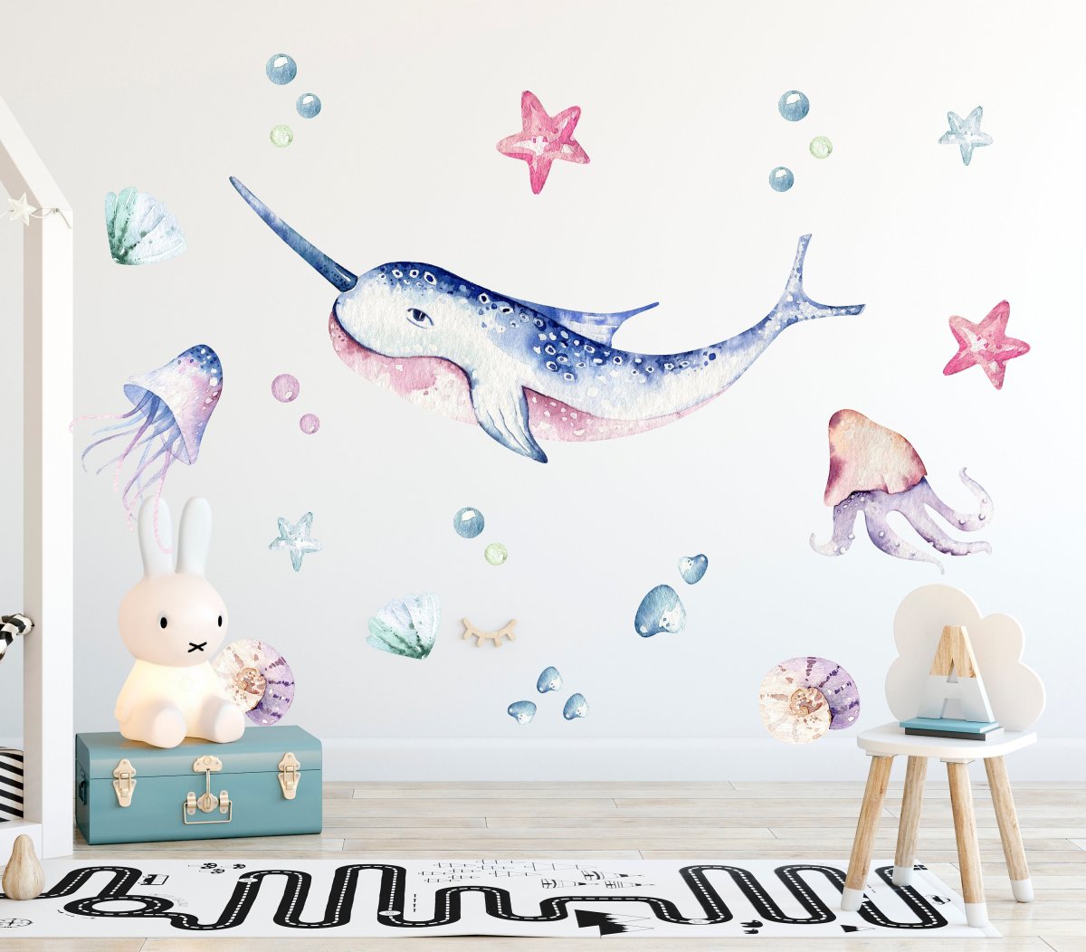 Nálepka na stenu do detskej izby - narval, ryby, medúzy