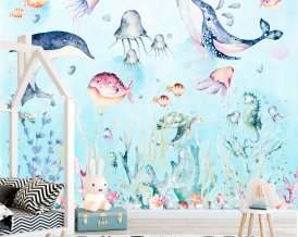 Wallpaper for Kids Ocean Children for Little Divers with Fishes, Turtles, Dolphin, Jellyfish