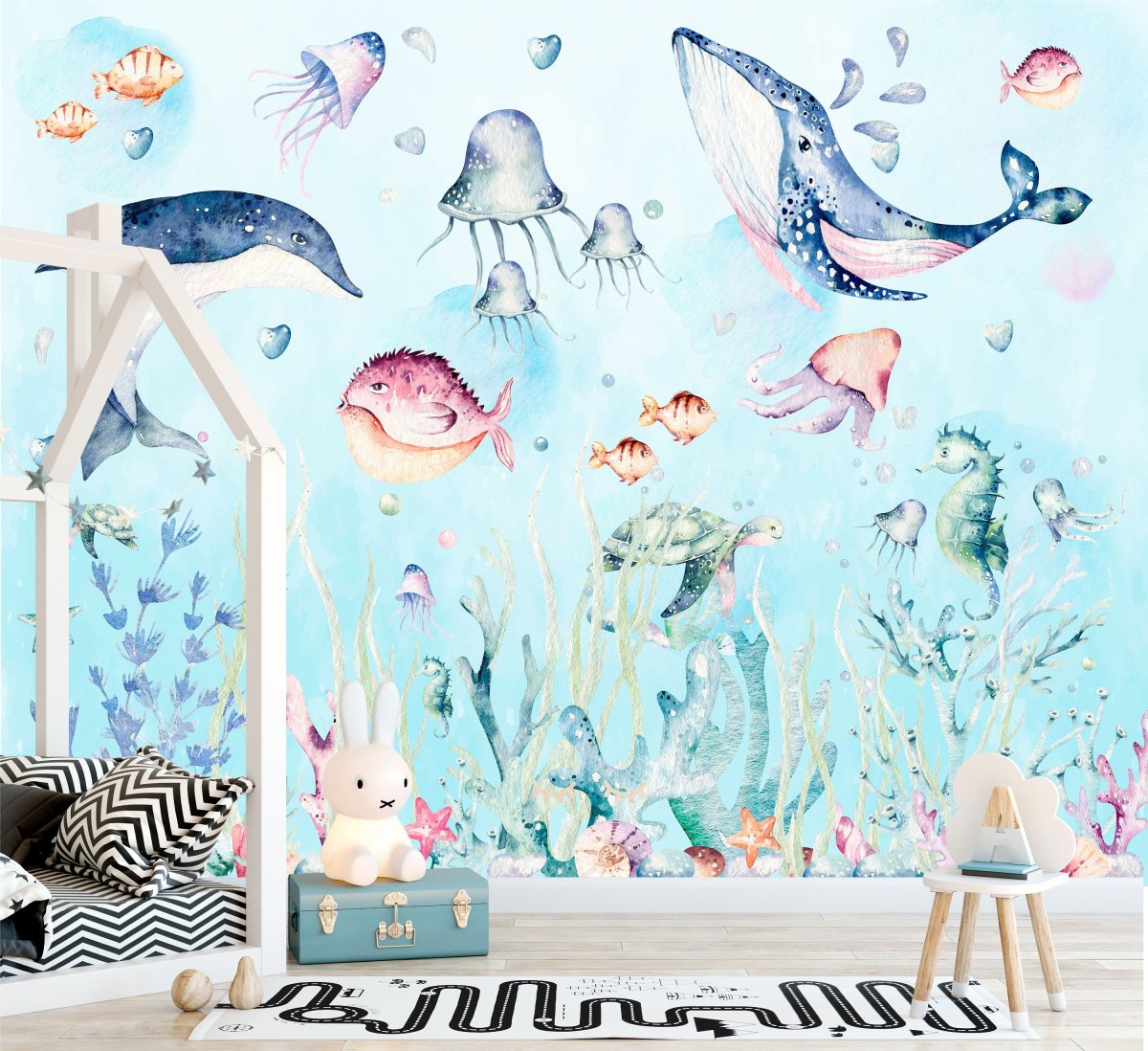 Wallpaper for Kids Ocean Children for Little Divers with Fishes, Turtles, Dolphin, Jellyfish