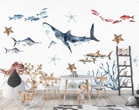 Sea World Ocean Wall Decal for kids room, Wall decal with Shark, octopus, corals, shells