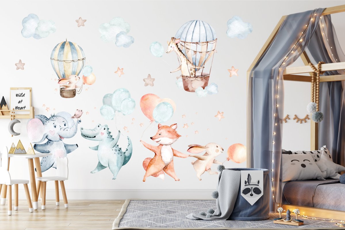 Wall Decals for Kids room Air balloons, Elephant, Giraffe, Crocodile peel&stick