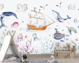 Wall Decal for Kids Ships, Giant Wall Sticker, Wall Decal Kids Room, Whale, Fishes,