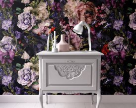 Floral Wallpaper with roses, peonies on dark background hand painted ECO reusable peel&stick