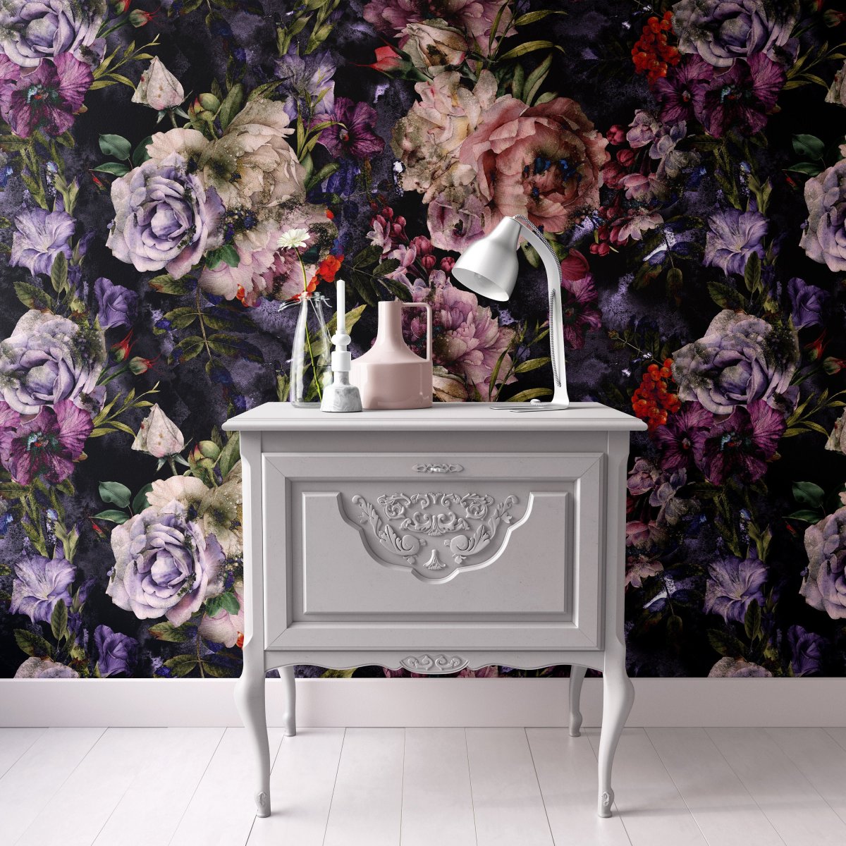 Floral Wallpaper with roses, peonies on dark background hand painted ECO reusable peel&stick