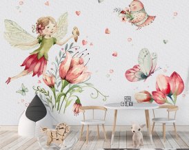 Nálepka na zeď - víla, motýl, květiny, ptáčci