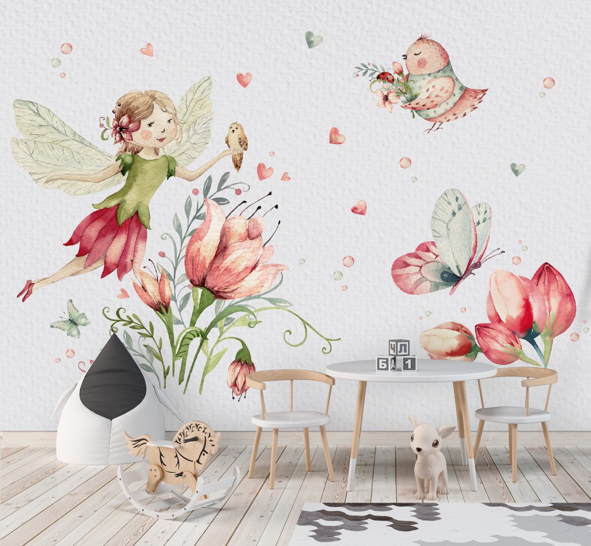 Nálepka na stenu - víla, motýľ, kvety, vtáčiky