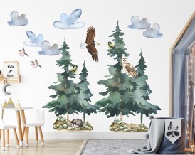 Velké nálepky na zeď s kouzelným lesem do vašeho dětského pokoje se Stromy, sovou, sýkorkou,