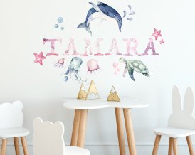 Wall Decal Ocean Life with PERSONALISED NAME with dolphin, jellyfishes, turtle