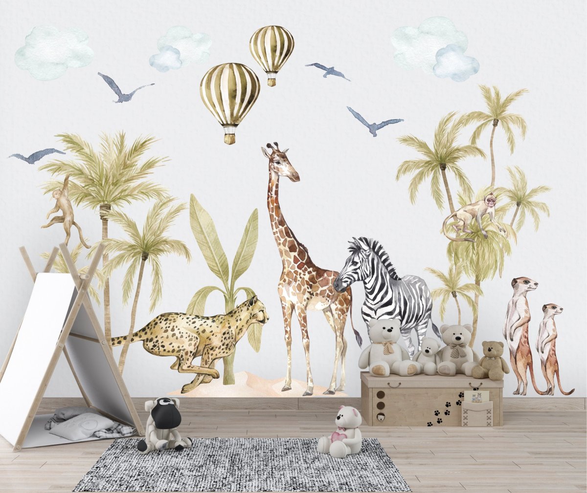 African Safari Nursery Wall Decal with African Safari Animals- Giraffe, Monkey, Zebra