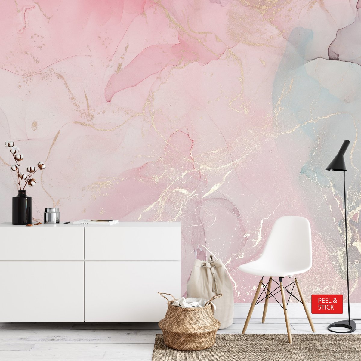 Marble Wallpaper- pink and gold wall mural- peel and stick, removable marble wall mural