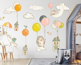 Nursery wall decal  with flying Hedgehog, mouse, rabbit and air balloons