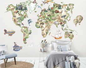 Wall decal kids World Map with animals and Personalised Name, peel and stick wall mural for
