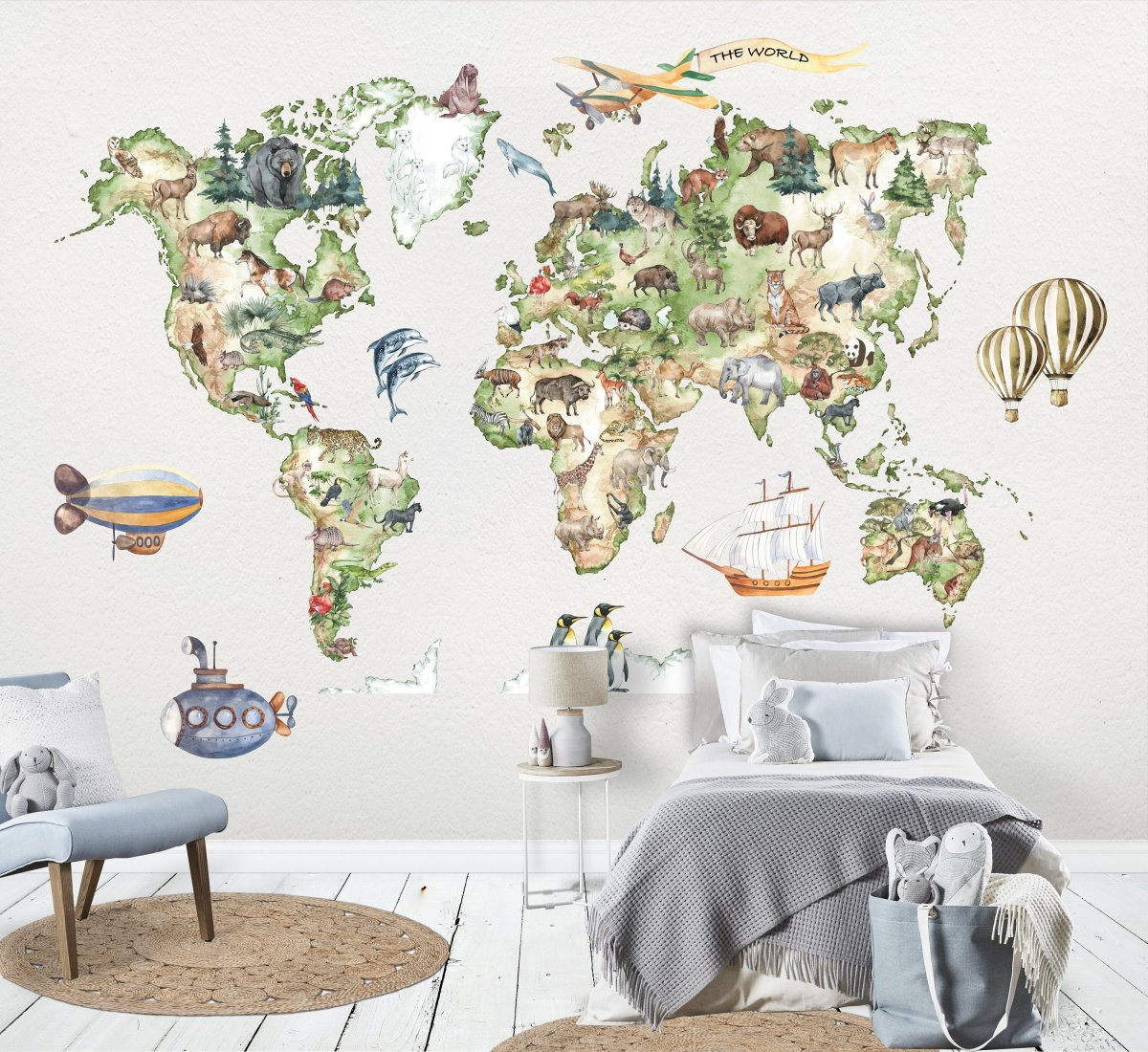 Wall decal kids World Map with animals and Personalised Name, peel and stick wall mural for