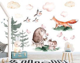 Forest Animal Wall Decal in Scandinavian Style with Bear, Fox, Squirrel, Birds