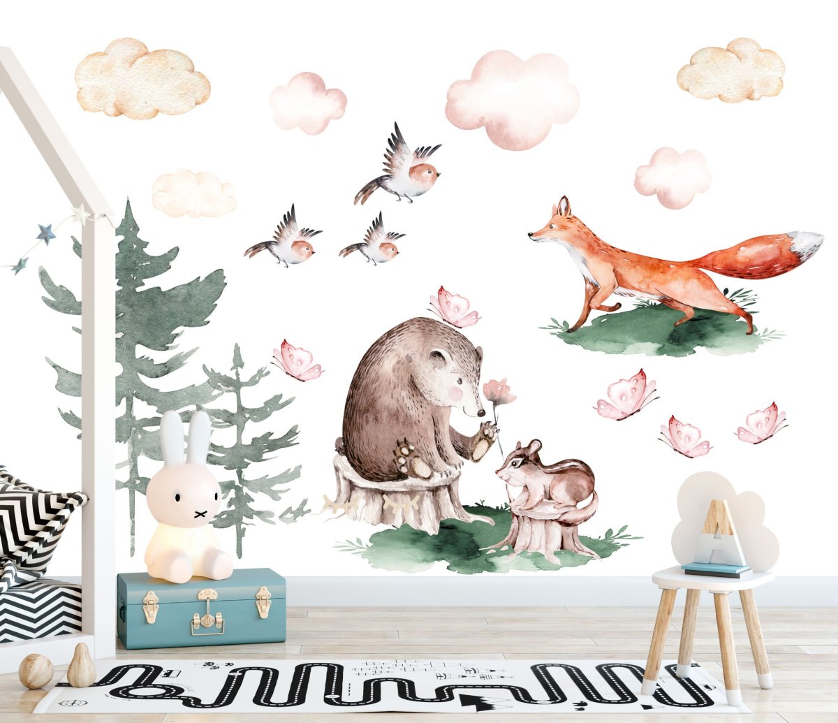 Forest Animal Wall Decal in Scandinavian Style with Bear, Fox, Squirrel, Birds