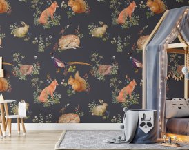 WOODLAND animals WALLPAPER with bunny, deer, fox, and birds- ECO Textile Peel & Stick