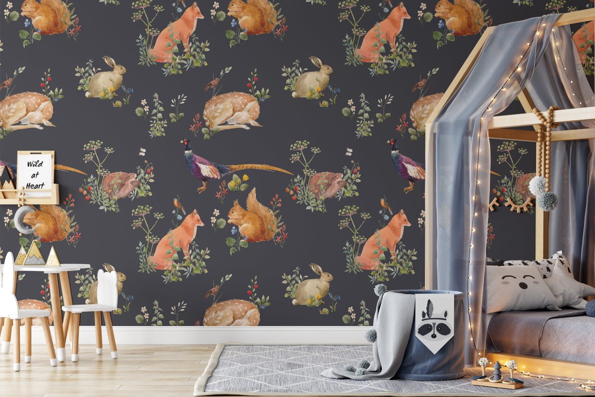 WOODLAND animals WALLPAPER with bunny, deer, fox, and birds- ECO Textile Peel & Stick