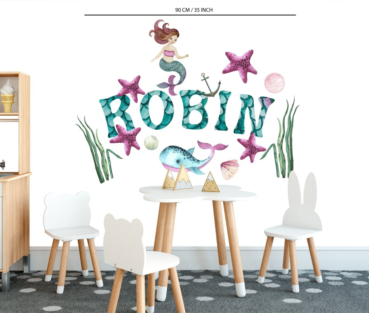 Little Mermaid Wall Decal with PERSONALISED NAME with whale and mermaid