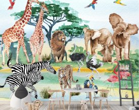 Safari tapeta s exotickými zvieratami, žirafou, slonom, levom