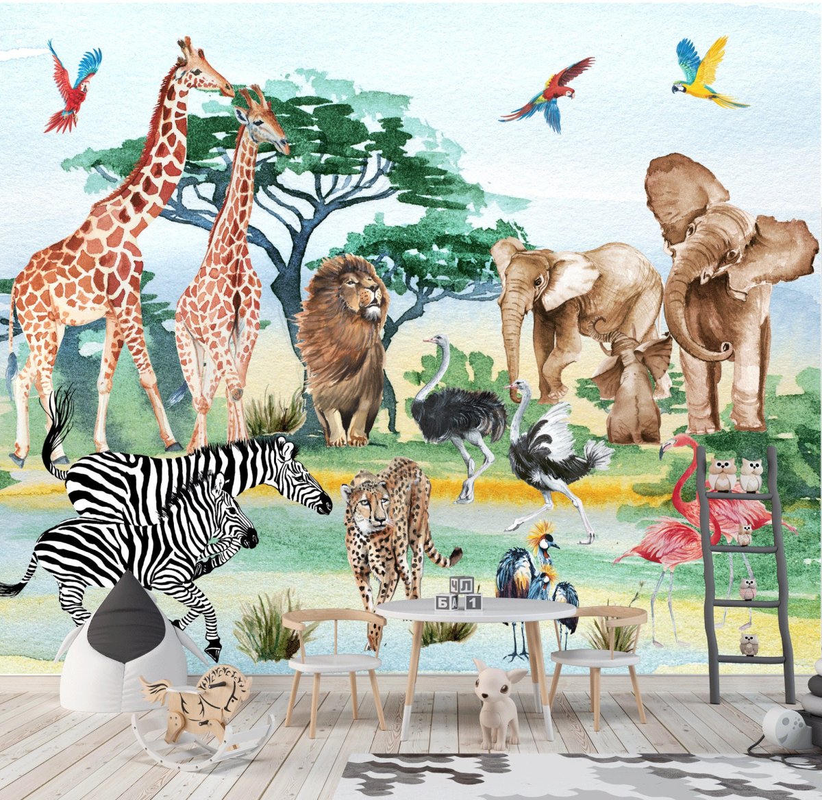 Safari tapeta s exotickými zvieratami, žirafou, slonom, levom