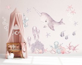 Ocean Wall Decal, Narwhal Wall Stickers, Crustacean Nursery Wall Decal, Kids Room Decal