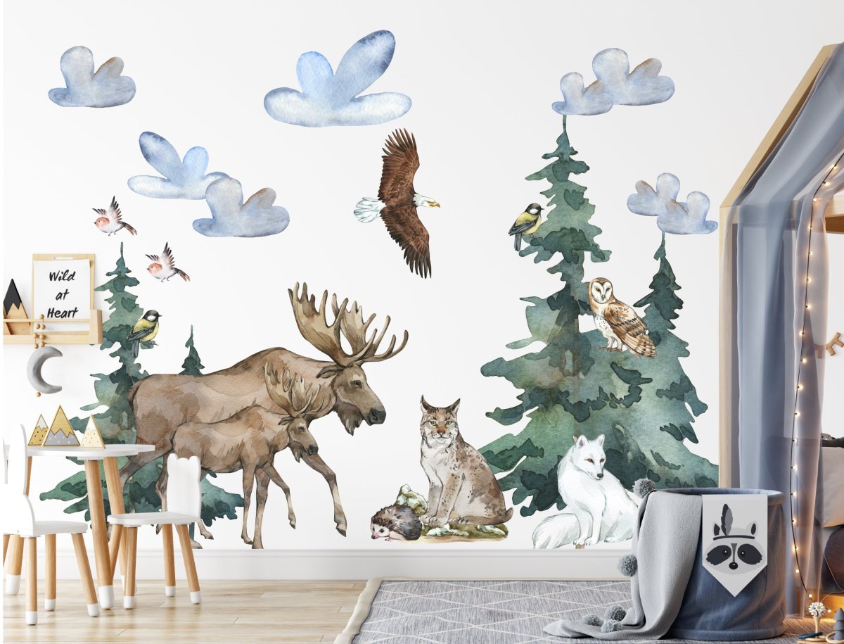 Forest Animals Wall Decal for Kids- Elk, Arctic Fox, Lynx, Hedgehog, Owl