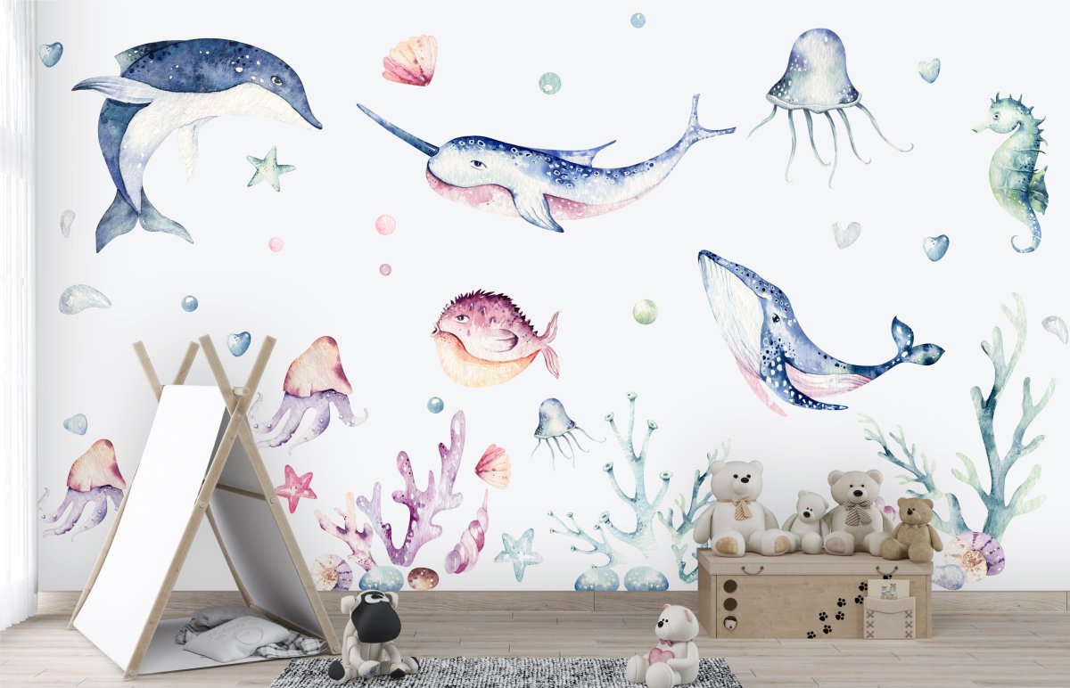 Giant Whale, Dolphin and Ocean World Wall Decal for Nursery