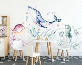 Nálepky na zeď pro děti mořský svět s velrybou, mořským koníkem, medúzami, korály