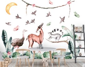 Safari Wandtattoo für Kinderzimmer- Afrikanische Safaritiere - Strauß, Langur, Impala