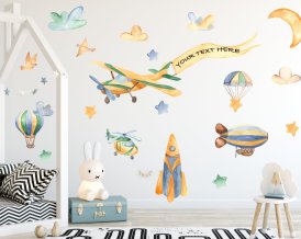 Nálepka na zeď pro děti Balóny, Letadla, Raketa, Helikoptéra, Vzduchové balóny
