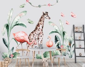 Safari nálepka na stenu so zvieratkami - žirafa, plameniaky, opice