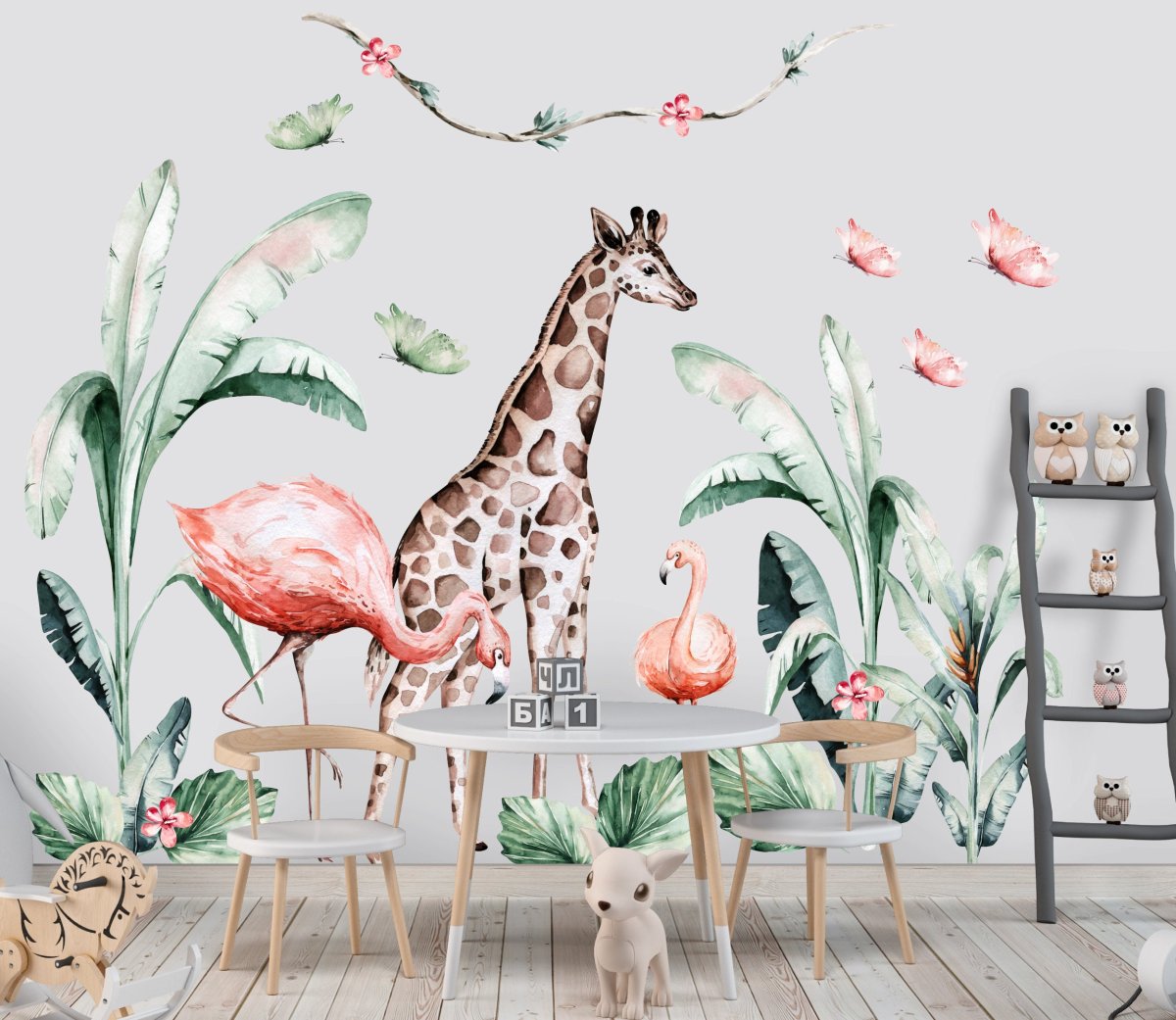 Safari Wall decal with Safari Animals - Giraffe, Flamingos, Monkey