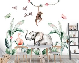 Safari Wandtattoo mit Tieren Elefant, Affe, Flamingo