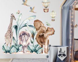 Nálepka na zeď Zvířata ze safari Afriky – žirafa, lev, slon, ptáci a balóny