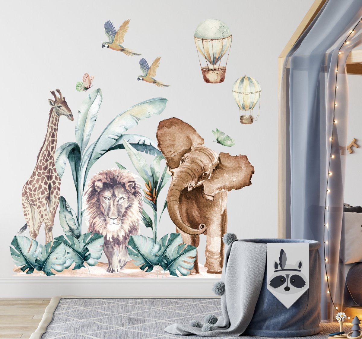 Nálepka na stenu Zvieratá zo safari Afriky – žirafa, lev, slon, vtáky a balóny