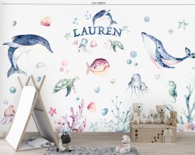 Nursery Wall Decal OCEAN World dolphin, whale, fishes, jellyfishes with customised name