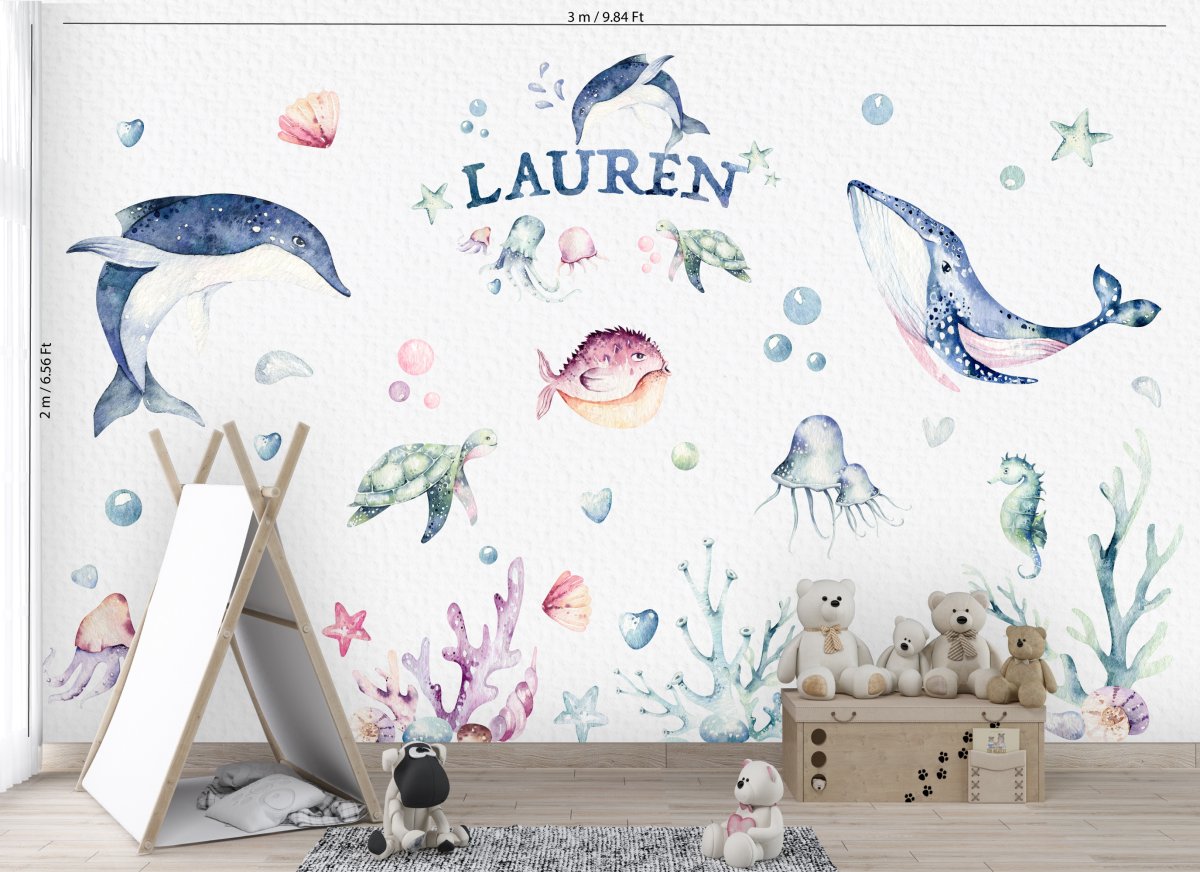 Nursery Wall Decal OCEAN World dolphin, whale, fishes, jellyfishes with customised name