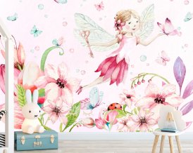 Tapeta  s vílou a motýľmi v ružovej, samolepiaca tapeta do detskej izby