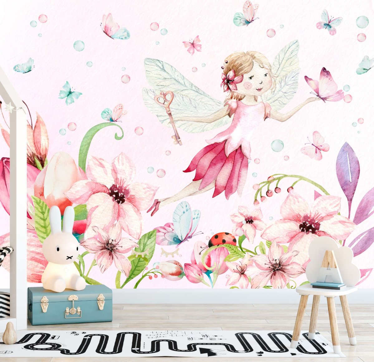 Tapeta s vílou a motýly v růžové, samolepící tapeta do dětského pokoje